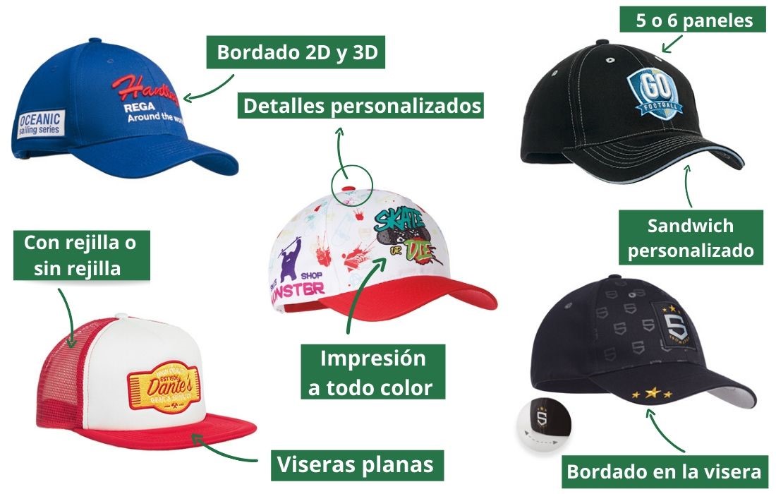 Gorras 100% personalizadas: elige el pespunte, el número de paneles, el tipo de marcaje...